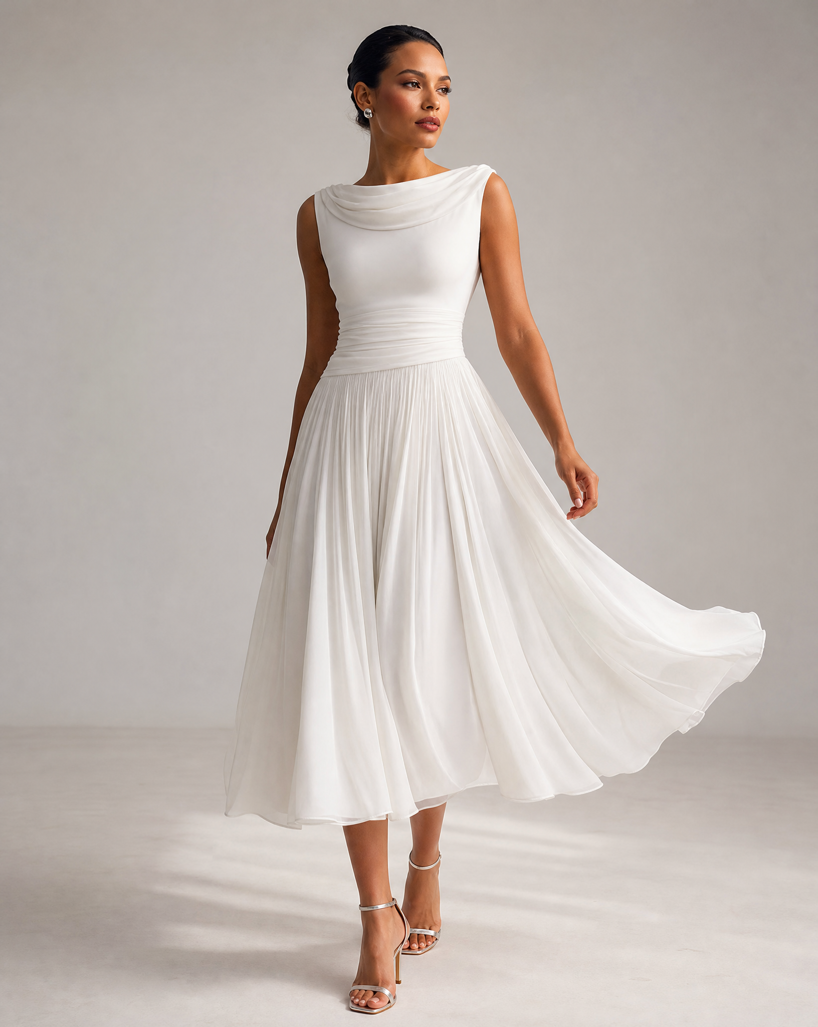 Draped Cowl Neck Sleeveless Pleated Midi Dress - Elegant Formal Wedding Guest Dress — back view