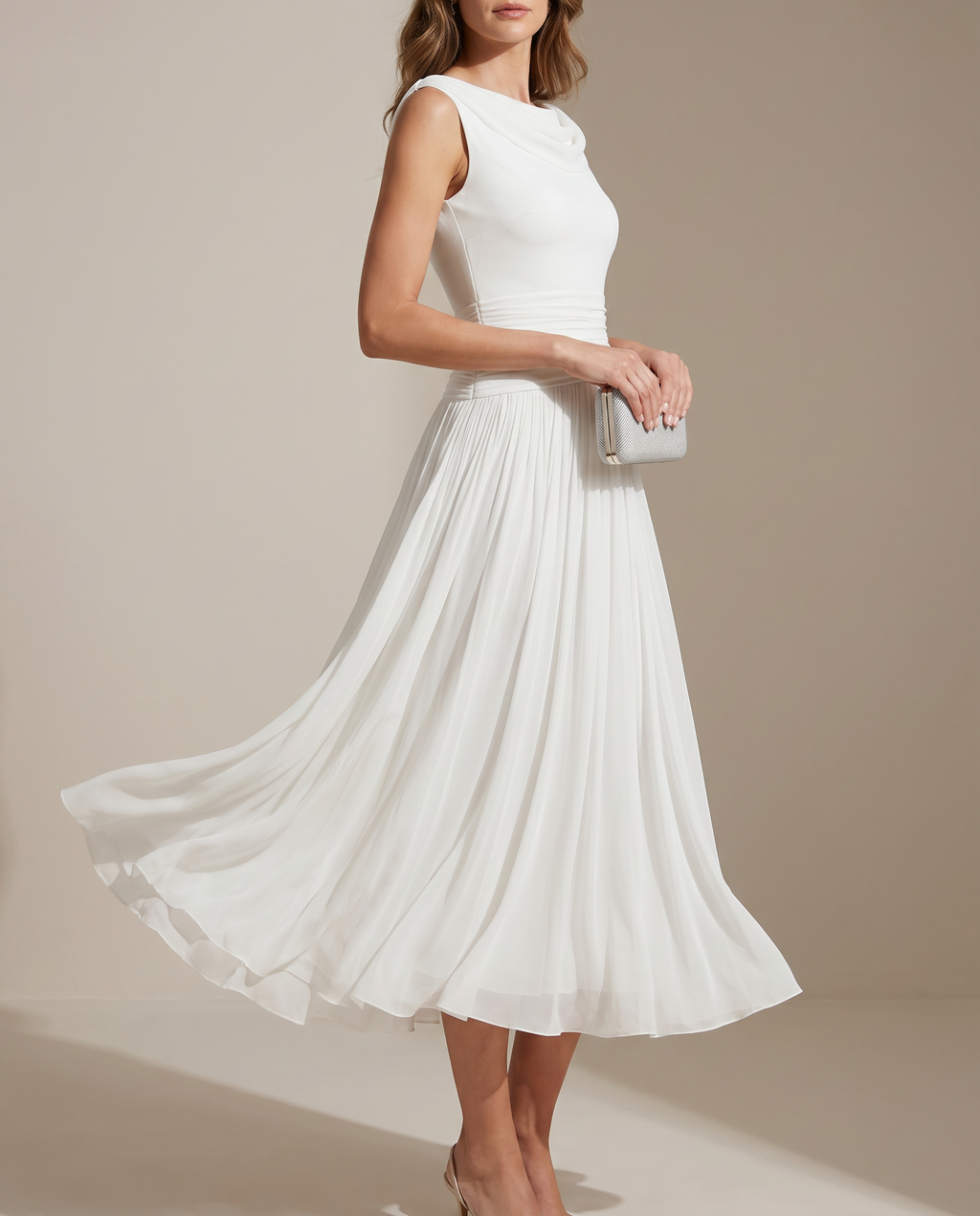 Draped Cowl Neck Sleeveless Pleated Midi Dress - Elegant Formal Wedding Guest Dress — detail view