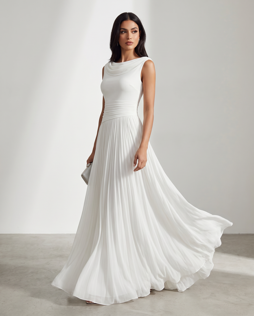 Draped Cowl Neck Sleeveless Pleated Midi Dress - Elegant Formal Wedding Guest Dress — model wearing
