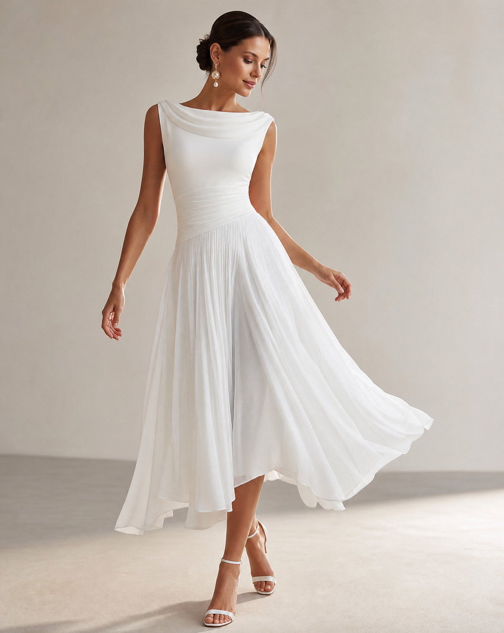 Draped Cowl Neck Sleeveless Pleated Midi Dress - Elegant Formal Wedding Guest Dress — side view