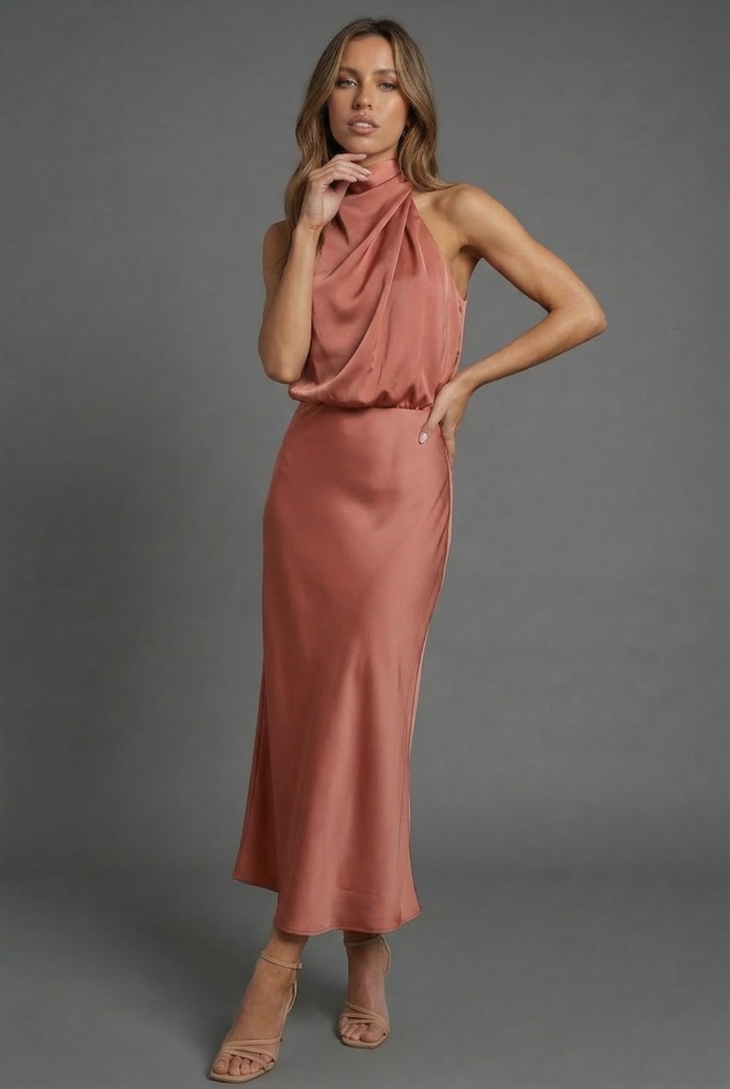 Draped Halter Neck Satin Midi Dress for Women — alternative angle