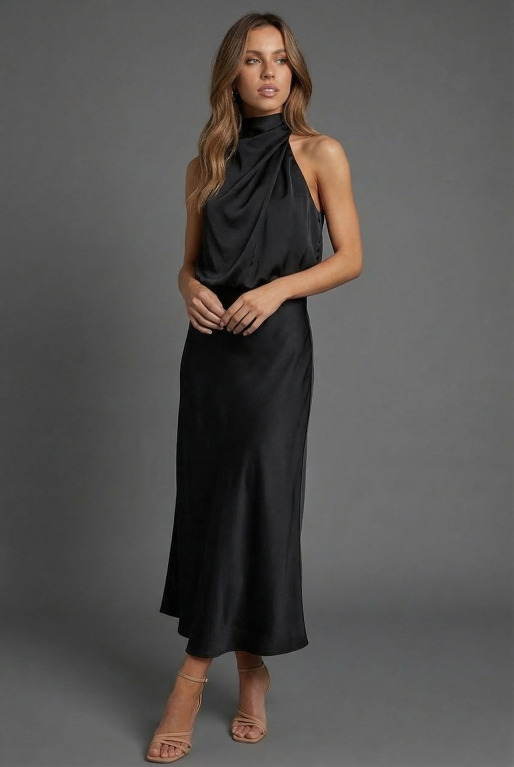 Draped Halter Neck Satin Midi Dress for Women — detail view