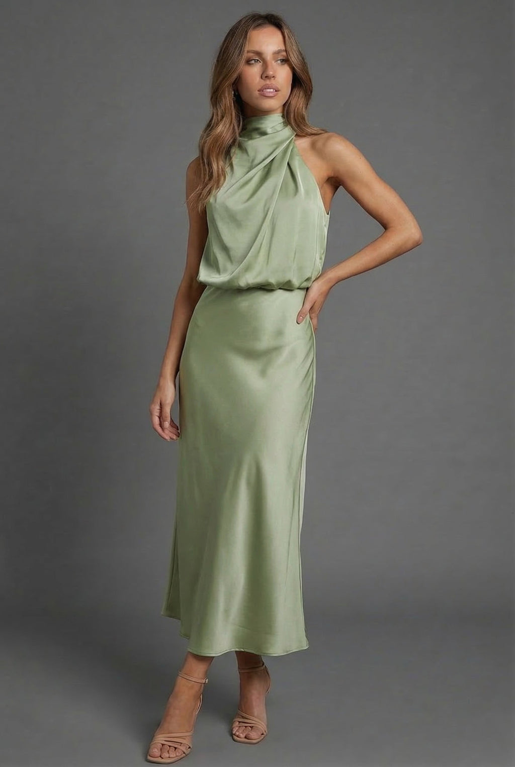 Draped Halter Neck Satin Midi Dress for Women — image 11
