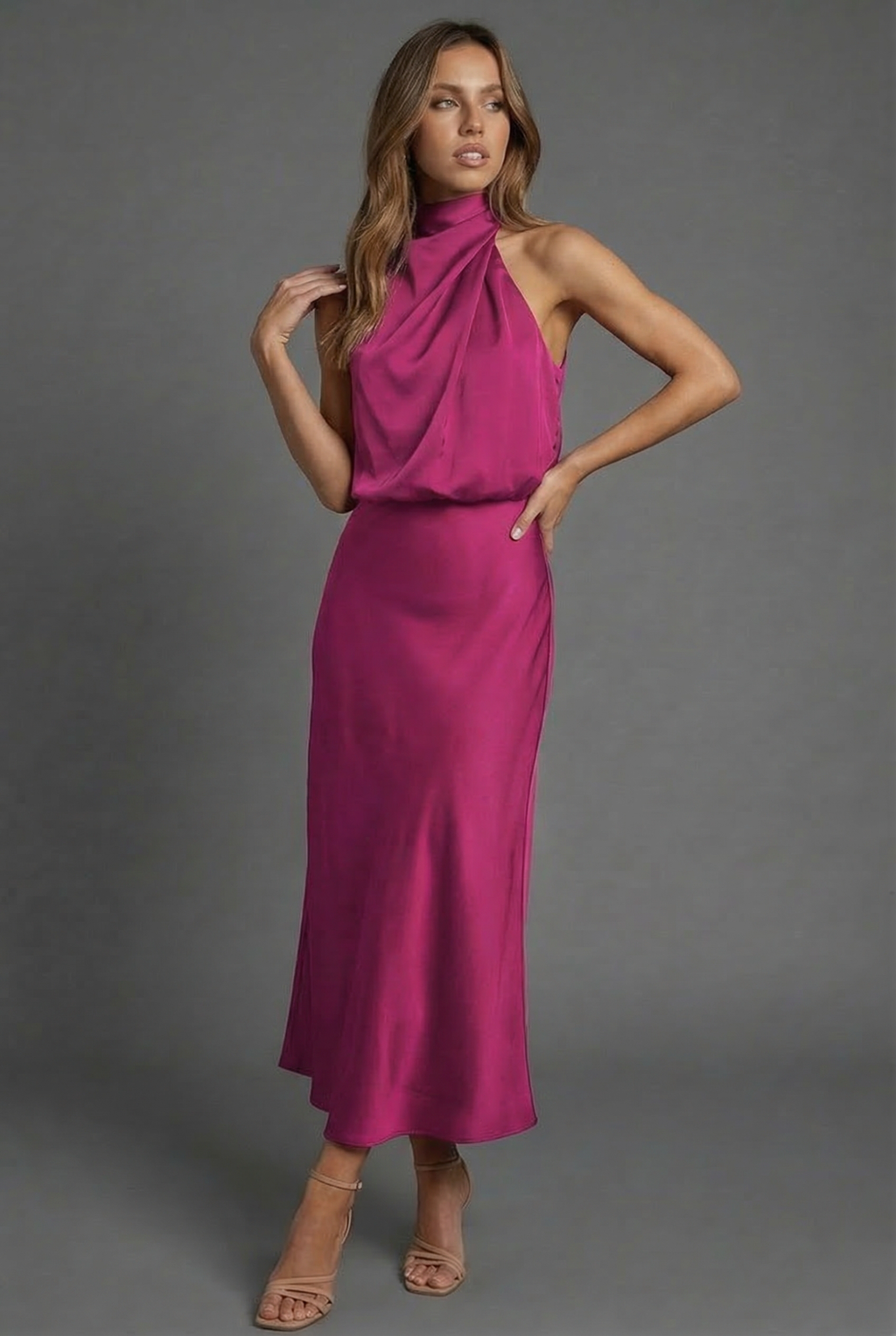 Draped Halter Neck Satin Midi Dress for Women — styling detail