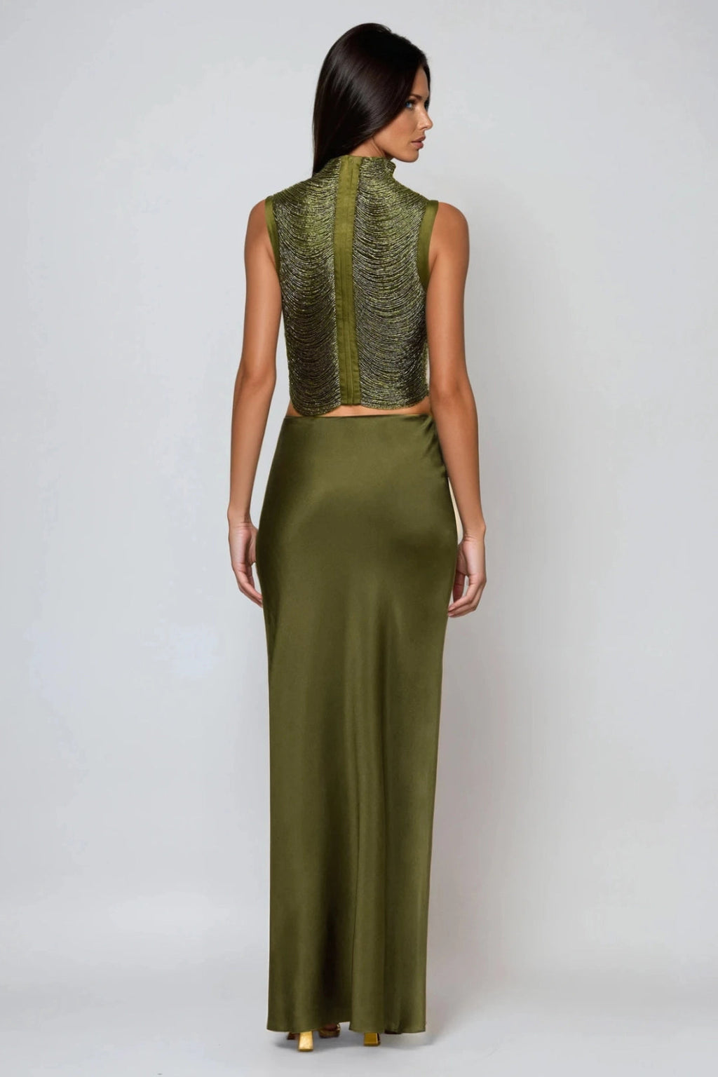 Draped High Neck Beaded Top and Satin Maxi Skirt Two-Piece Set — back view