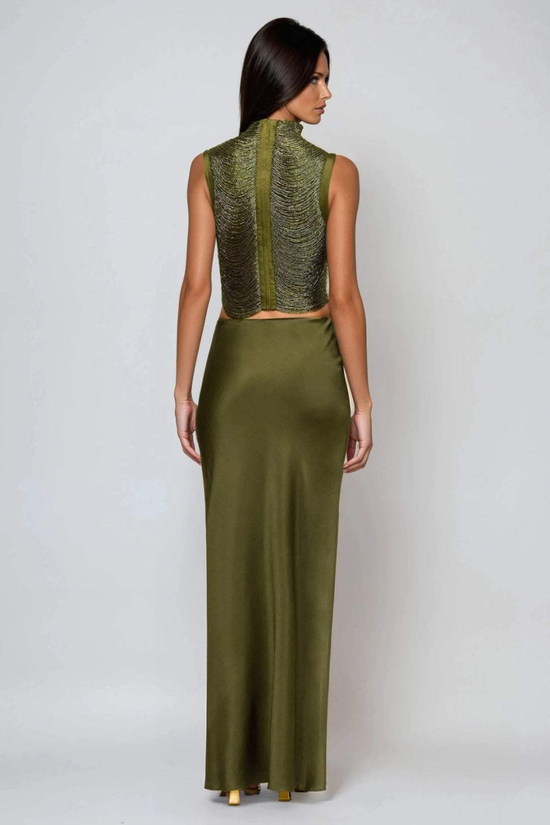 Draped High Neck Beaded Top and Satin Maxi Skirt Two-Piece Set — back view