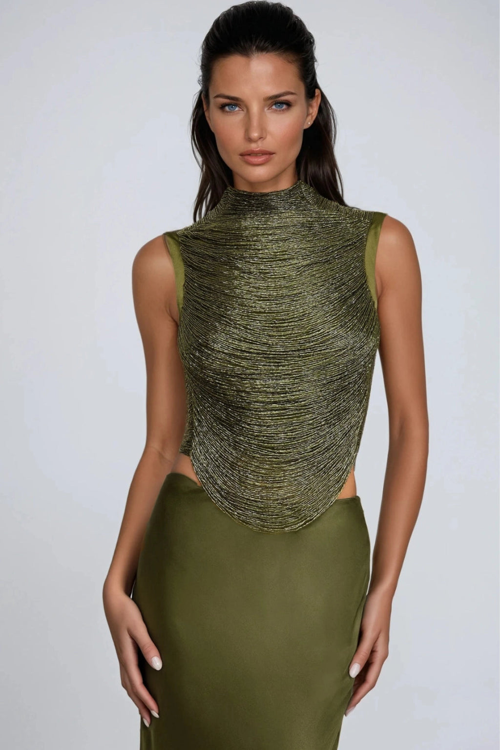 Draped High Neck Beaded Top and Satin Maxi Skirt Two-Piece Set — side view