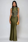 Draped High Neck Beaded Top and Satin Maxi Skirt Two-Piece Set