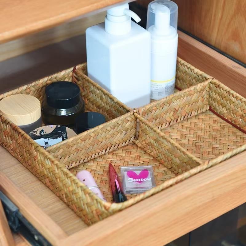 Drawer Organizer with Four Compartments Woven Seagrass Kitchen Cabinet Tray Spice Organiser - Image 1