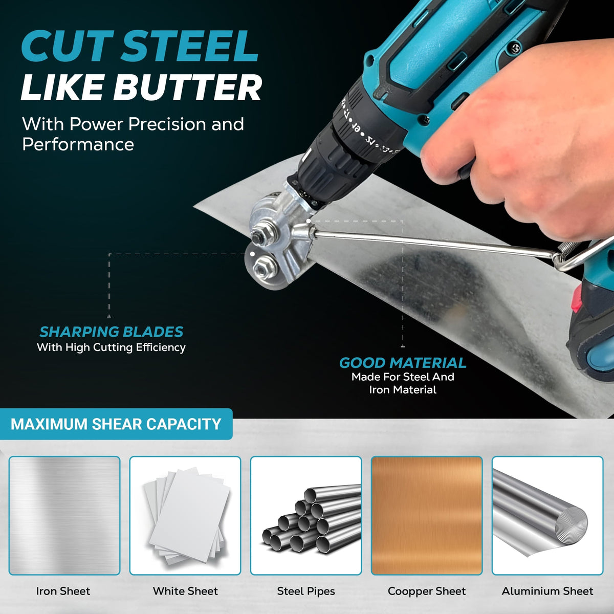 Drill Metal Cutter Sheet Attachment with Dual Cutting Wheels and Stabilizing Rod Blade - Image 1