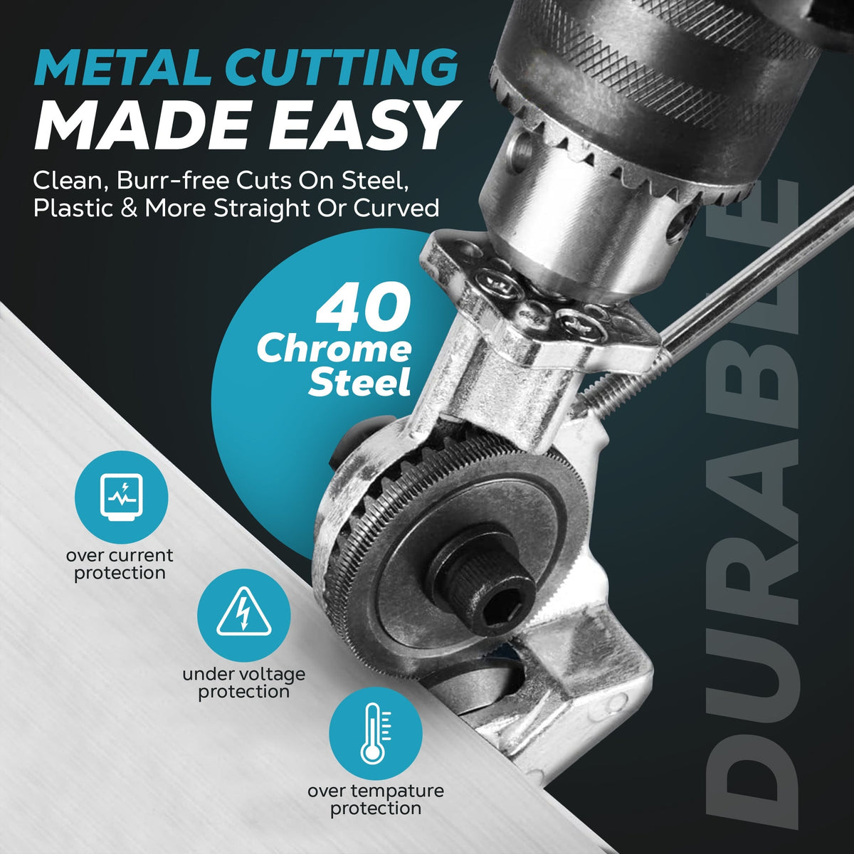 Drill Metal Cutter Sheet Attachment with Dual Cutting Wheels and Stabilizing Rod Blade - Image 2
