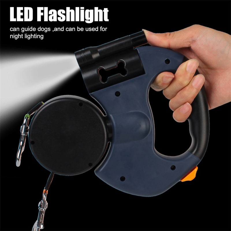 Dual Dog Leash Retractable with LED Flashlight Bag Dispenser and 360 Swivel for Two - Image 1
