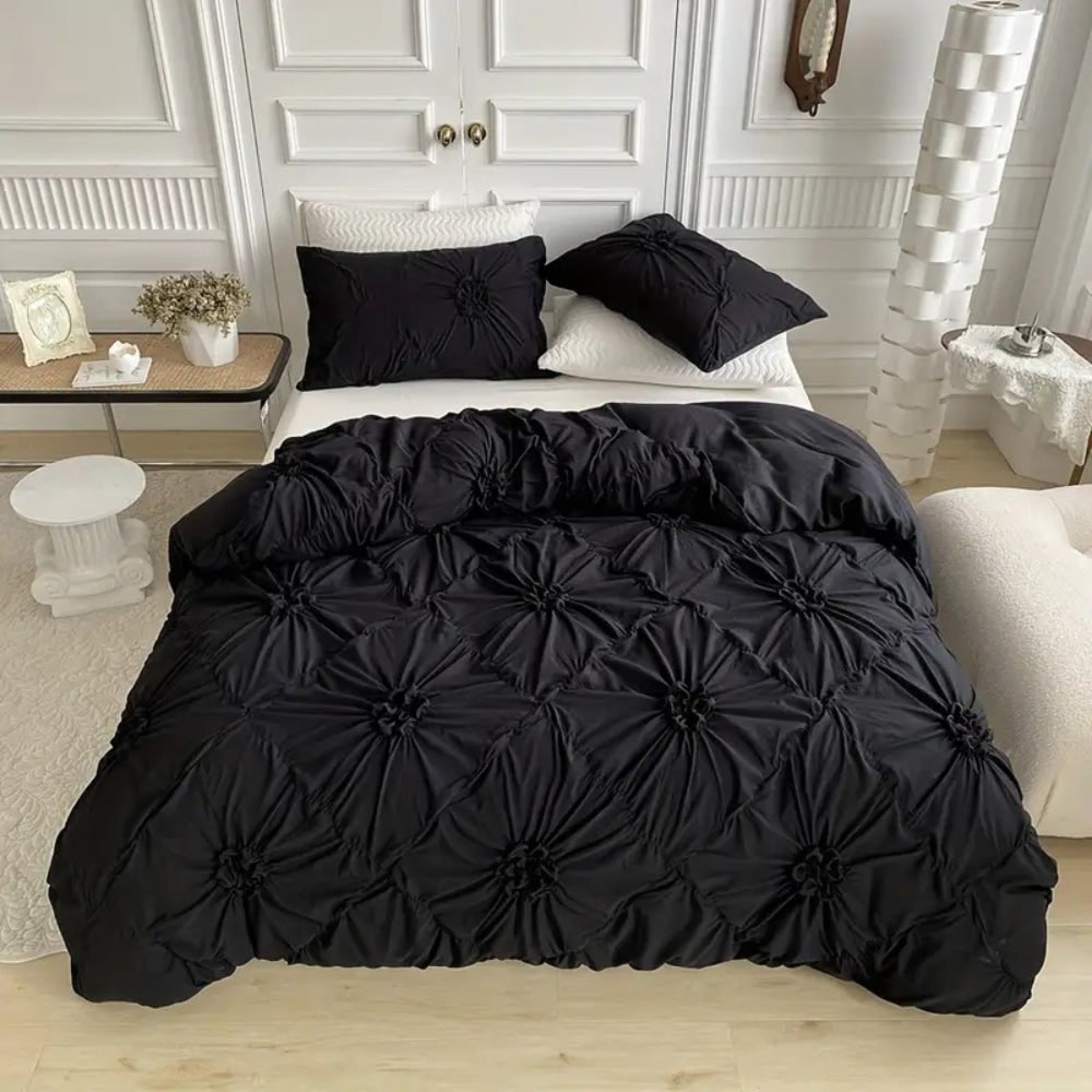 Duvet Cover Set with Pinch Pleat Rosette Flower Pattern for King Queen Size Percale - Image 3