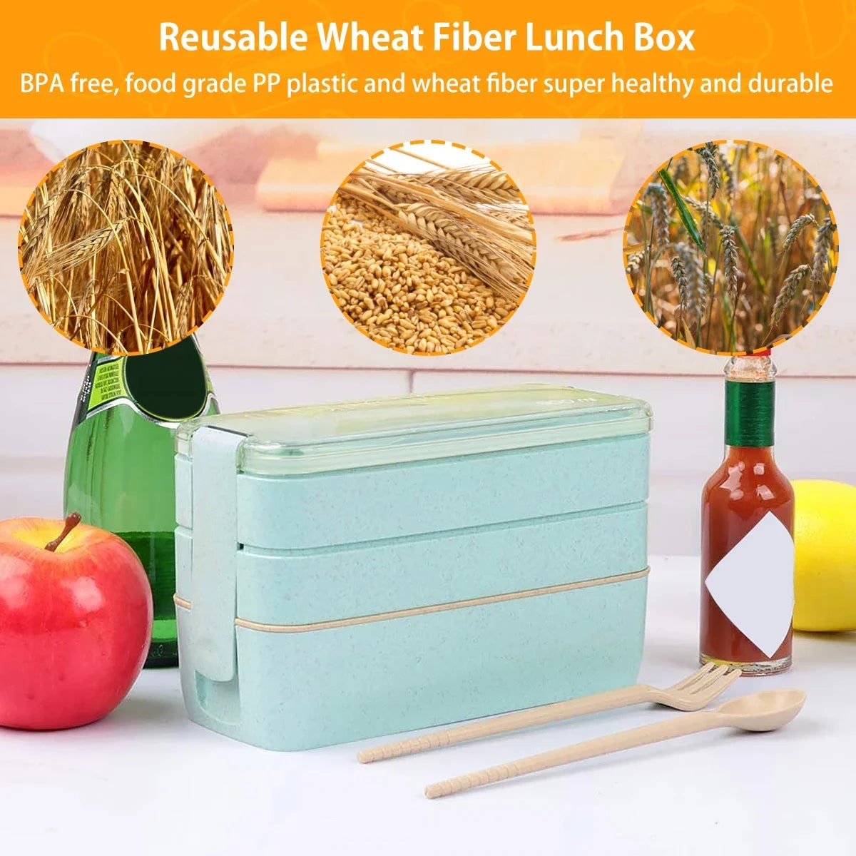 Eco Friendly Leak Proof Bento Box Stackable Portable Compartment Utensils Lunch - Image 5