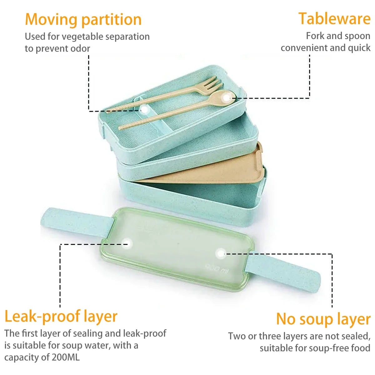 Eco Friendly Leak Proof Bento Box Stackable Portable Compartment Utensils Lunch - Image 6