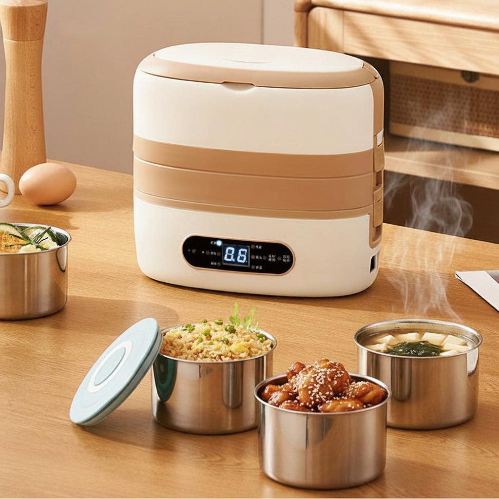 Electric Heated Stainless Steel Lunch Box with Bento Containers and Removable Cutlery Compartment - Image 1