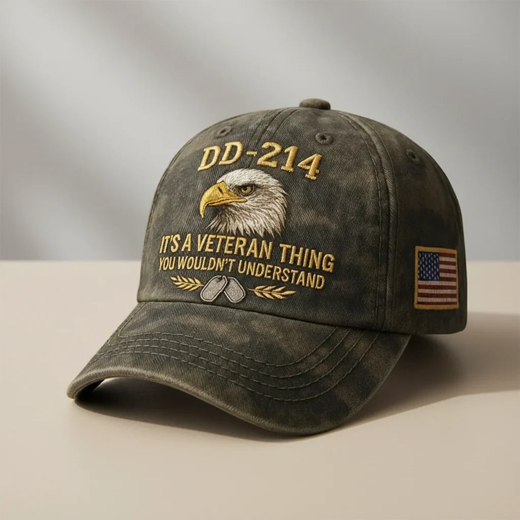 Embroidered Veteran Baseball Cap with Flag and Dd-214 Vintage Washed Cotton - Image 1