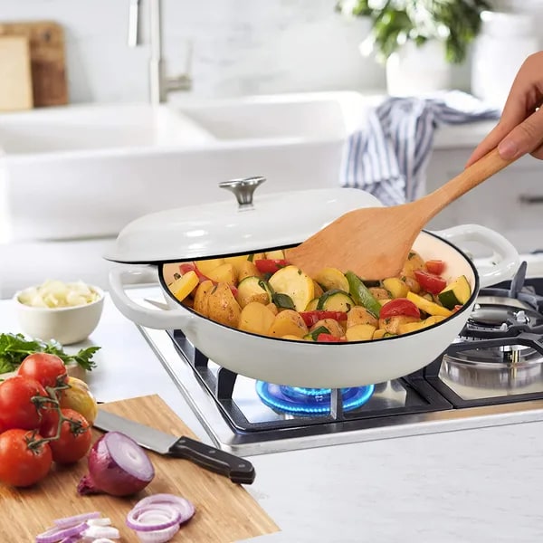 Enameled Cast Iron Braiser Pan with Lid Shallow Oven Safe Braising Cookware 3.8 Quart - Image 3