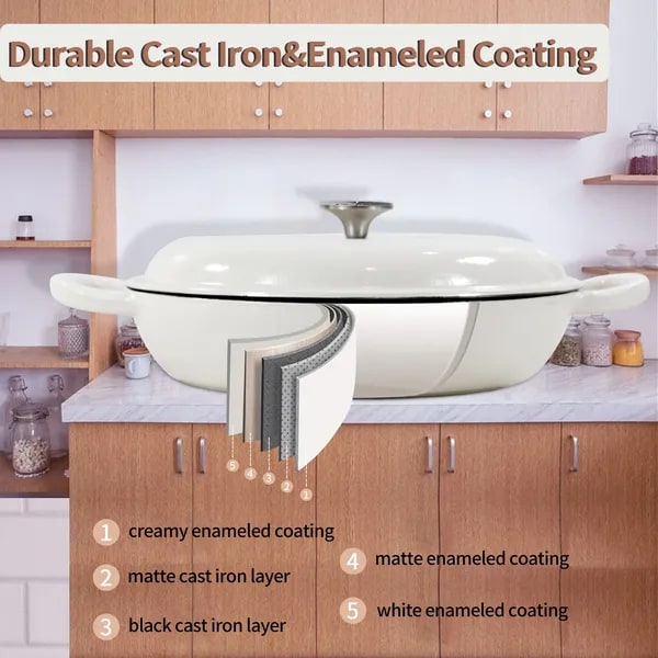 Enameled Cast Iron Braiser Pan with Lid Shallow Oven Safe Braising Cookware 3.8 Quart - Image 4