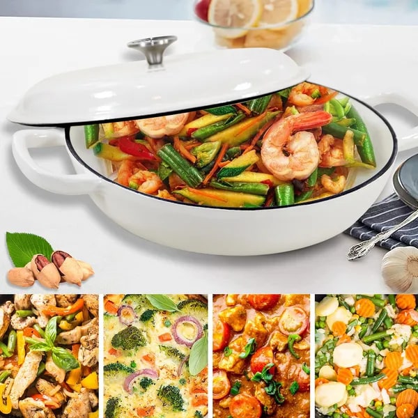 Enameled Cast Iron Braiser Pan with Lid Shallow Oven Safe Braising Cookware 3.8 Quart - Image 6