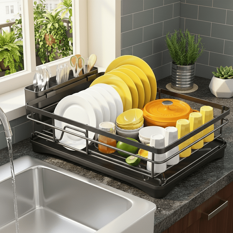 Expandable Dish Drying Rack with Over Sink Extension and Integrated Drip Tray - Image 4
