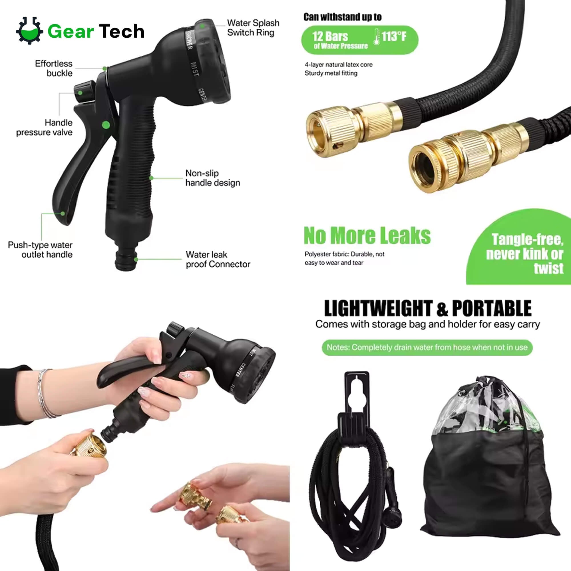 Expandable Garden Hose with Flexible Anti-Kink Design 8-Mode Spray Nozzle and Leak-Proof Connectors - Image 3