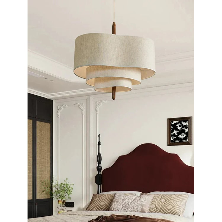 Fabric Pendant Light with Three-Tier Wavy Linen Shades and Wooden Finial - Image 1