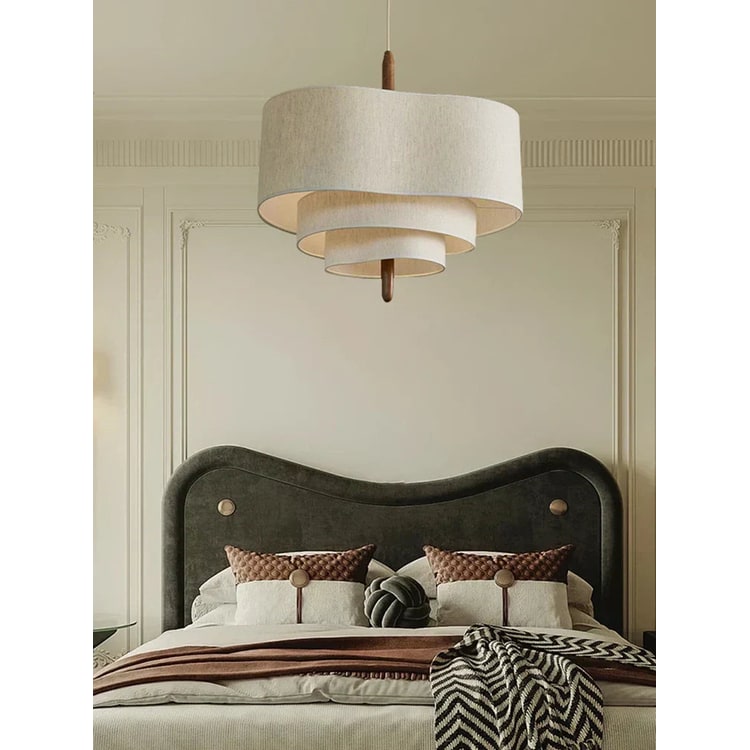 Fabric Pendant Light with Three-Tier Wavy Linen Shades and Wooden Finial - Image 2