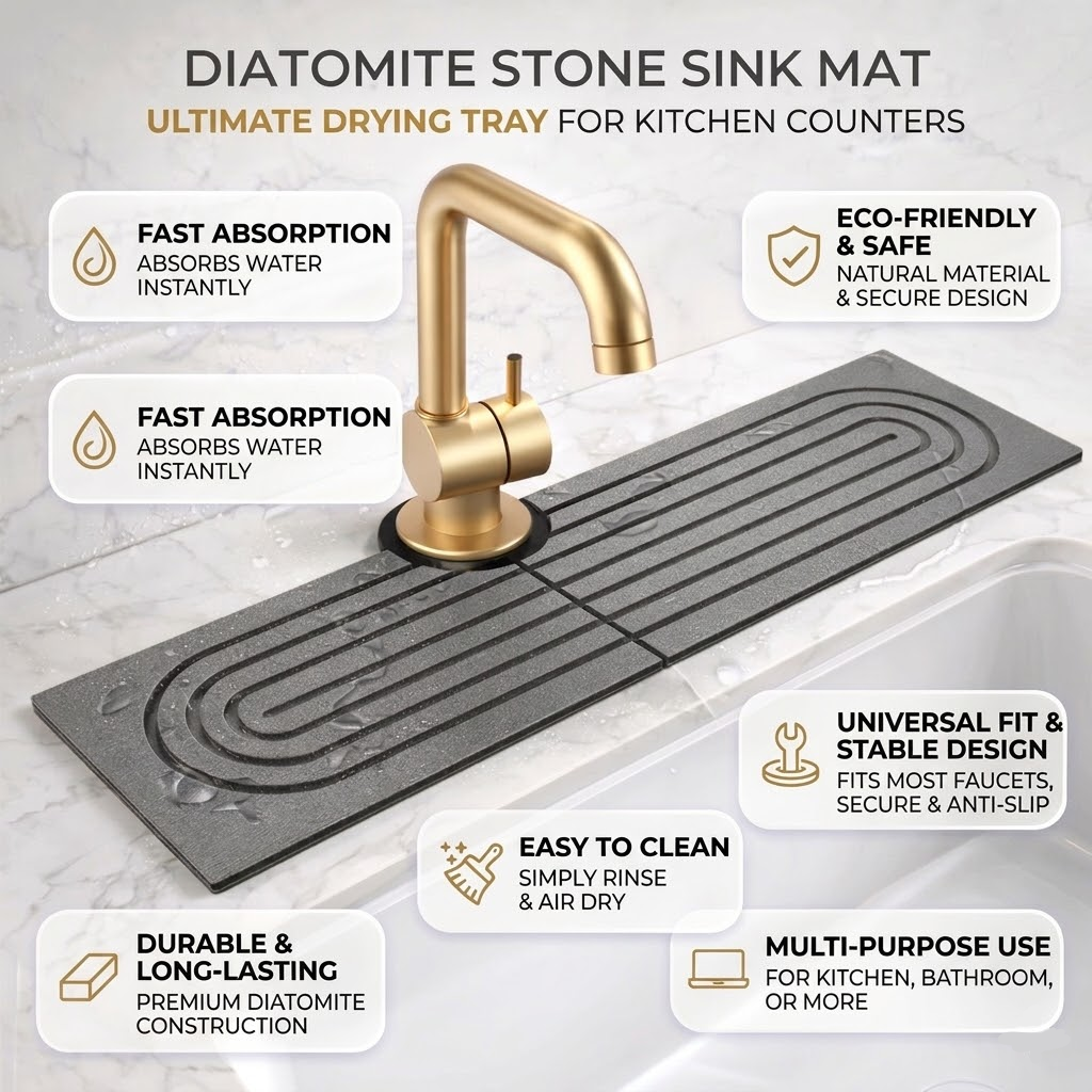 Faucet Splash Guard Mat with Absorbent Diatomite Stone for Kitchen Sink - Image 3