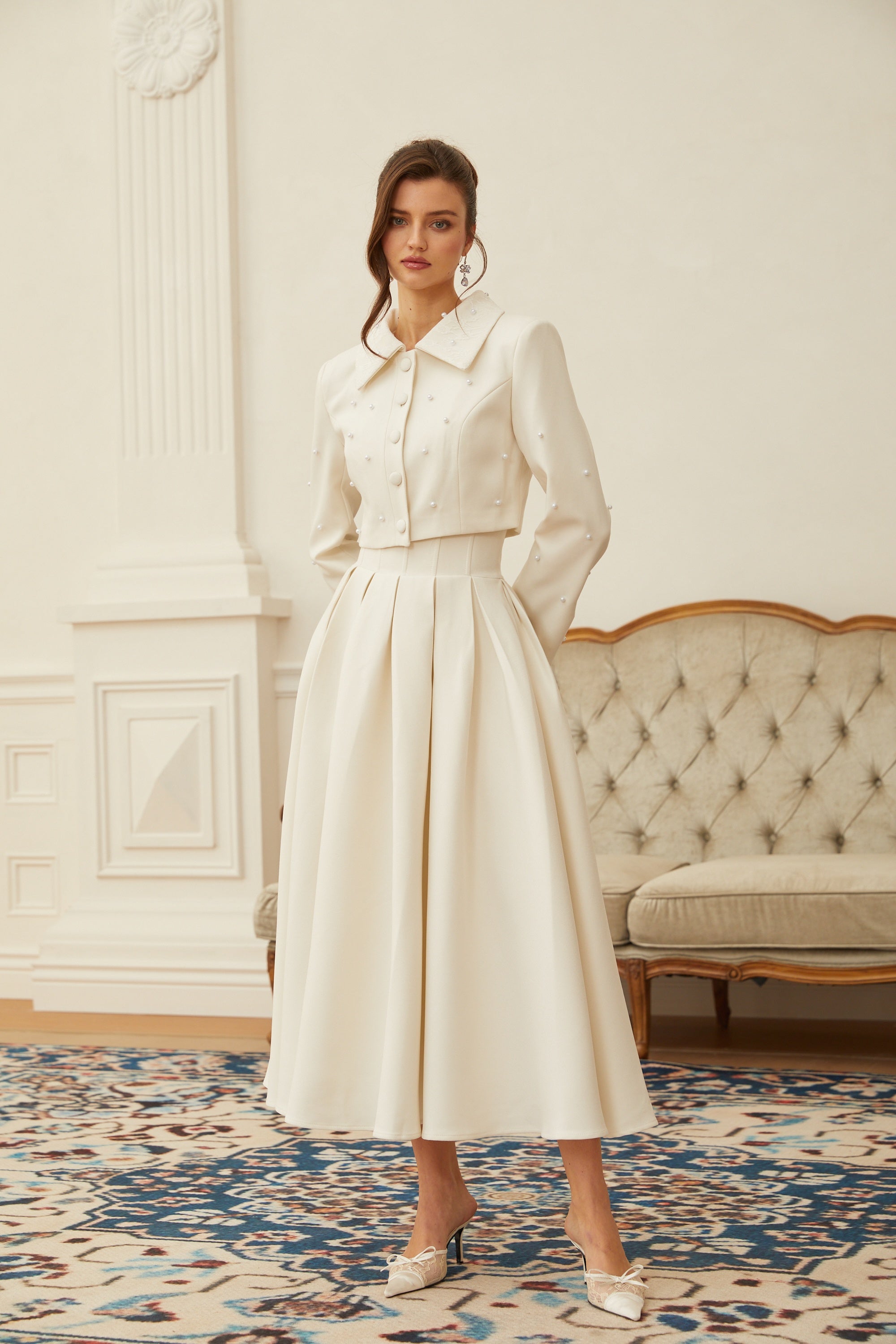 Faux Pearl Cropped Jacket and Pleated A-Line Skirt Two-Piece Set — back view