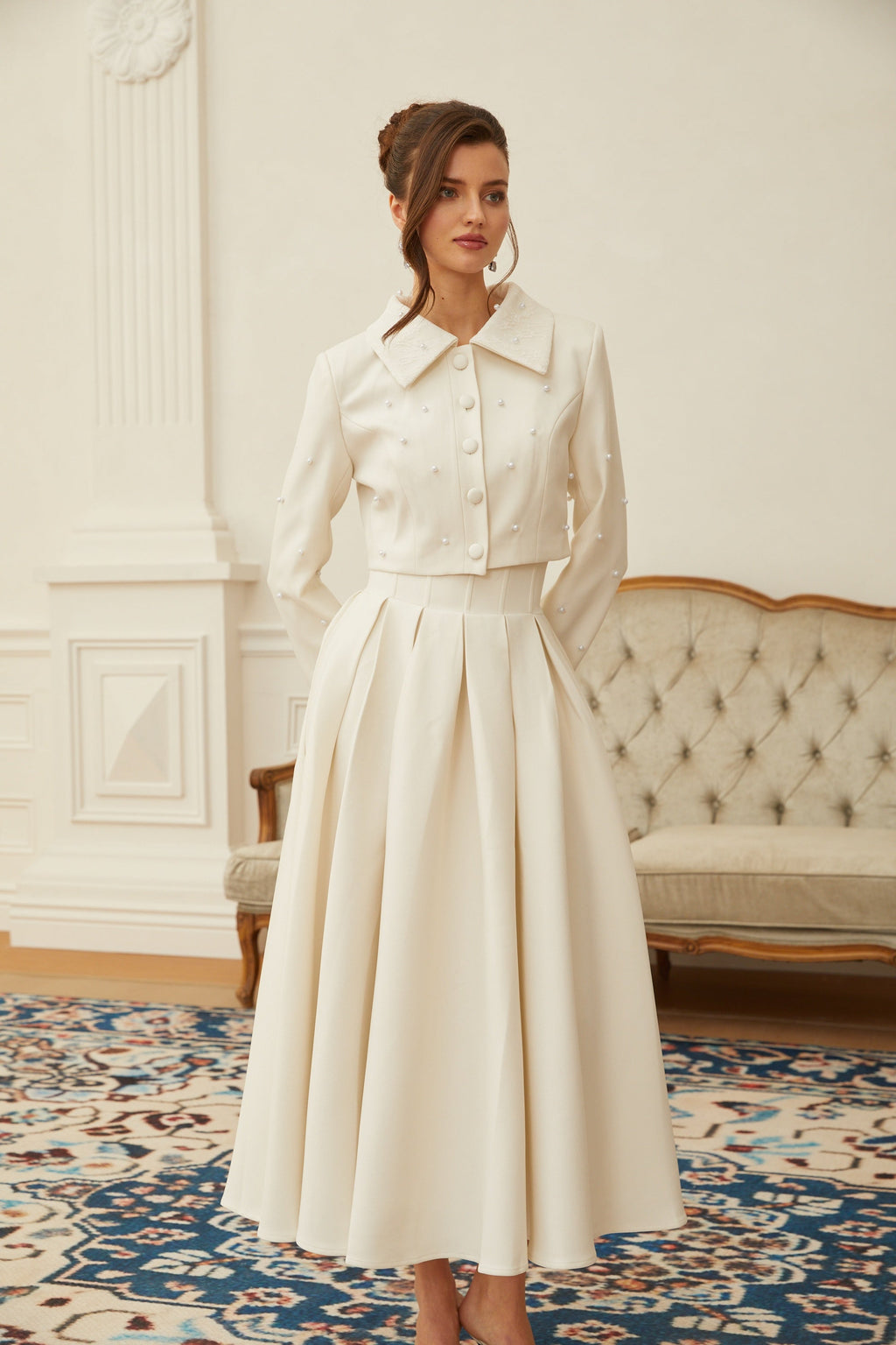 Faux Pearl Cropped Jacket and Pleated A-Line Skirt Two-Piece Set — detail view