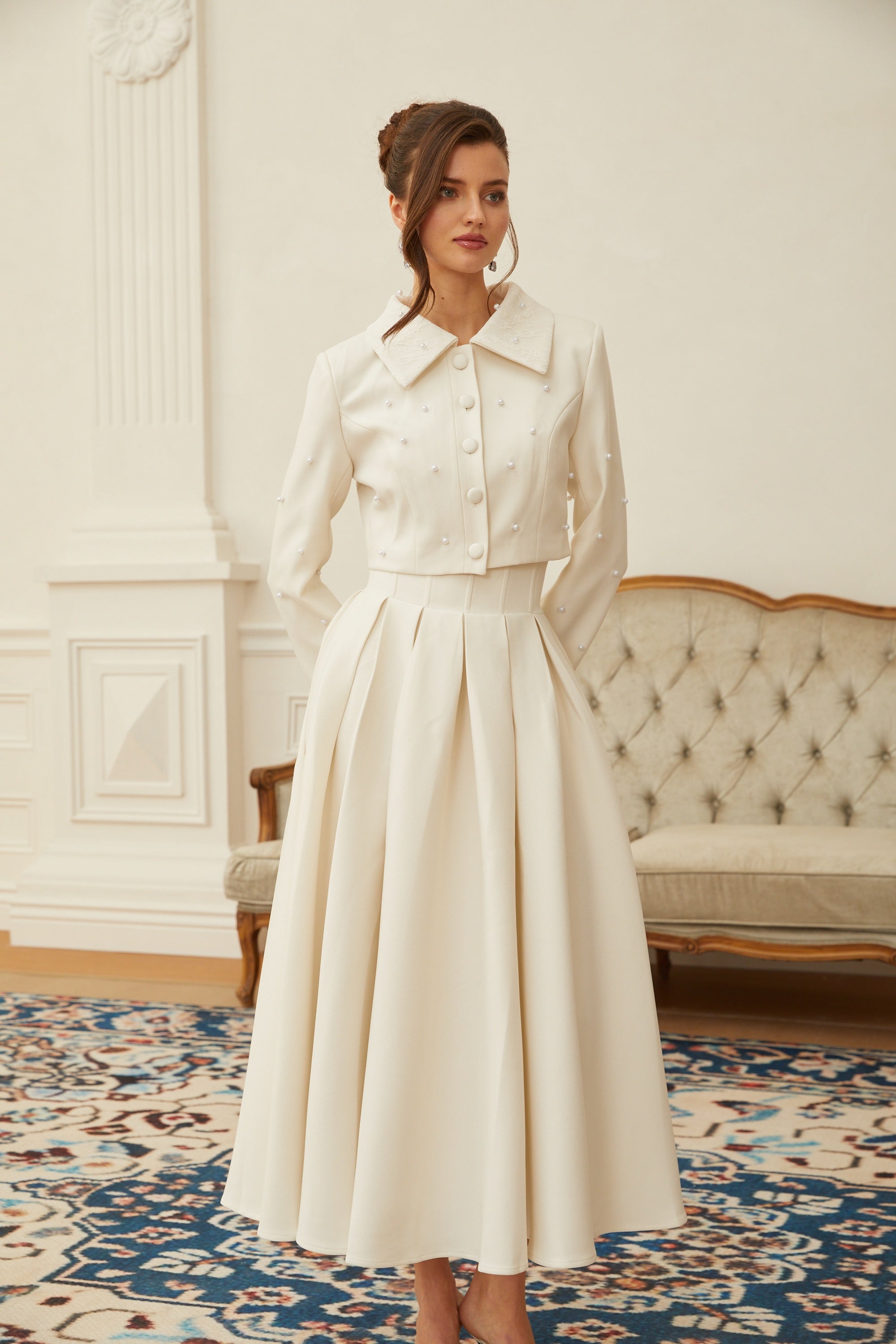 Faux Pearl Cropped Jacket and Pleated A-Line Skirt Two-Piece Set — detail view
