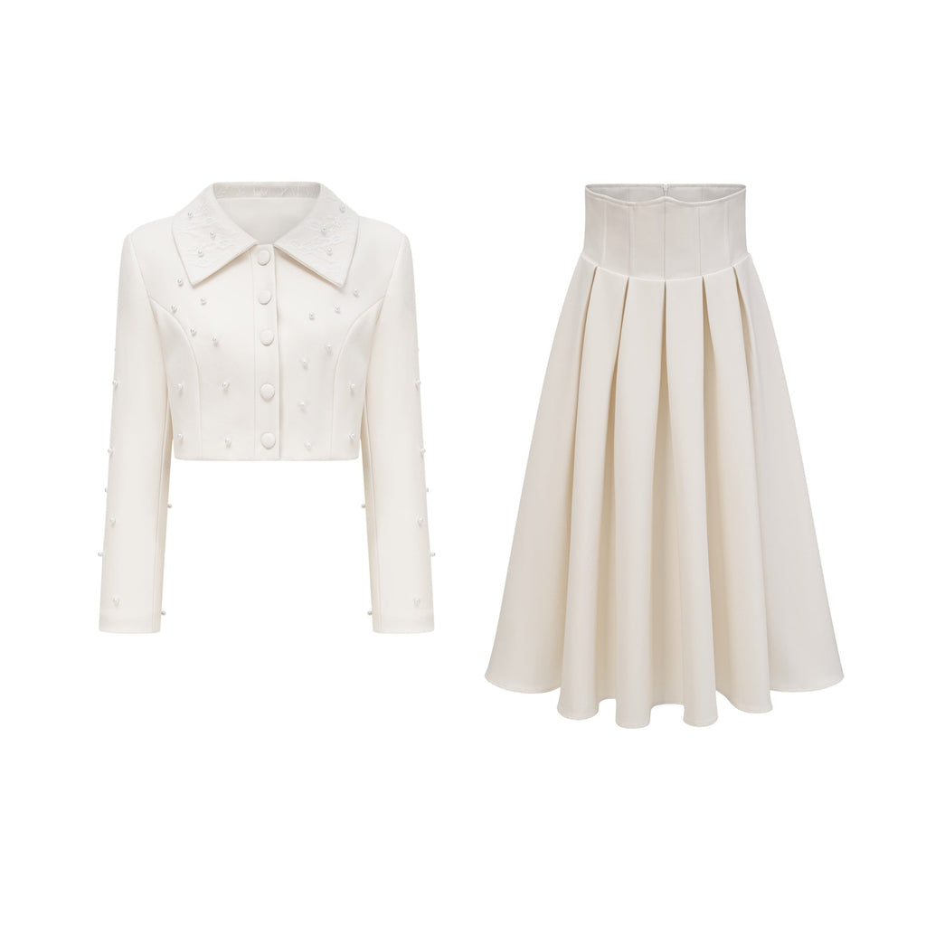 Faux Pearl Cropped Jacket and Pleated A-Line Skirt Two-Piece Set — model wearing