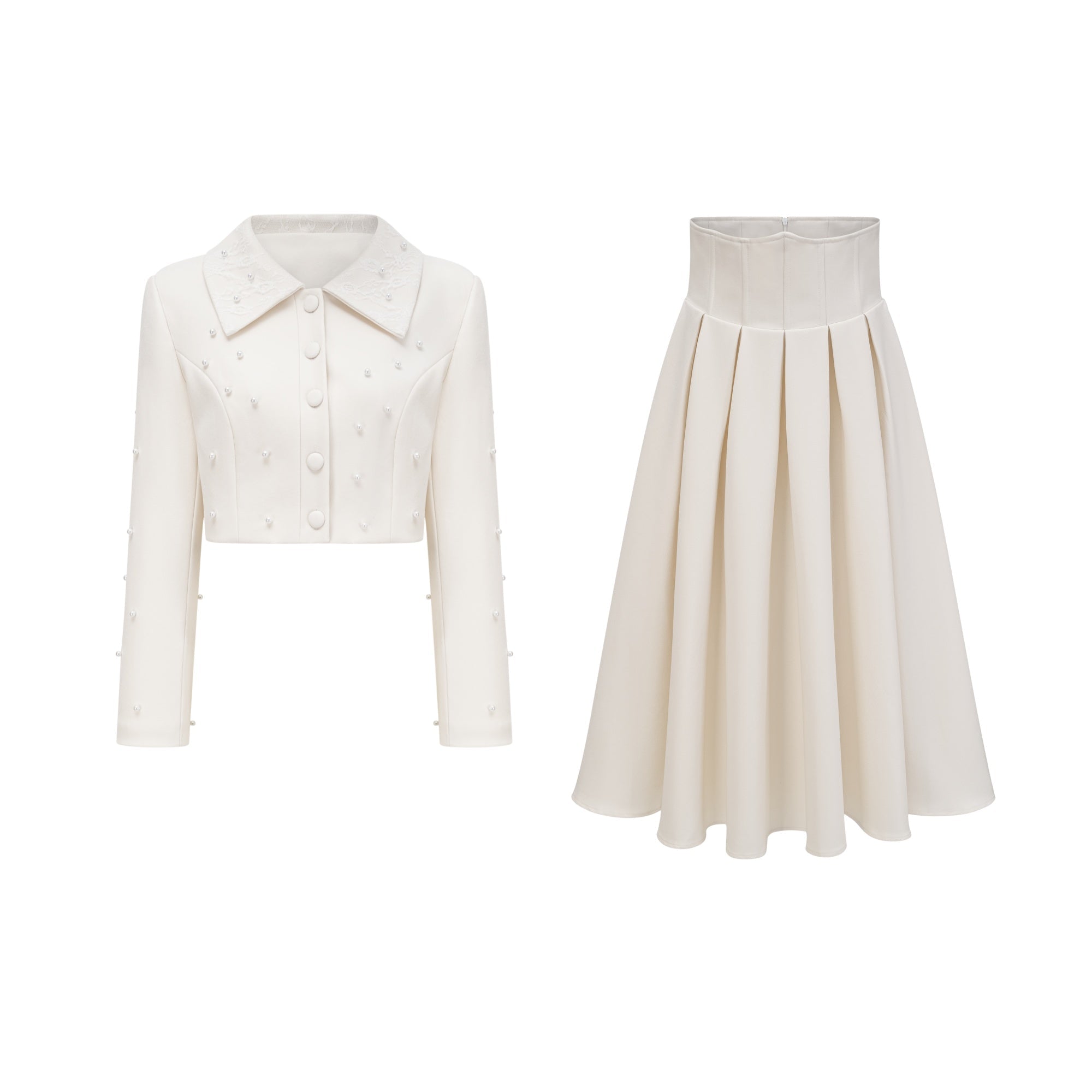 Faux Pearl Cropped Jacket and Pleated A-Line Skirt Two-Piece Set — model wearing