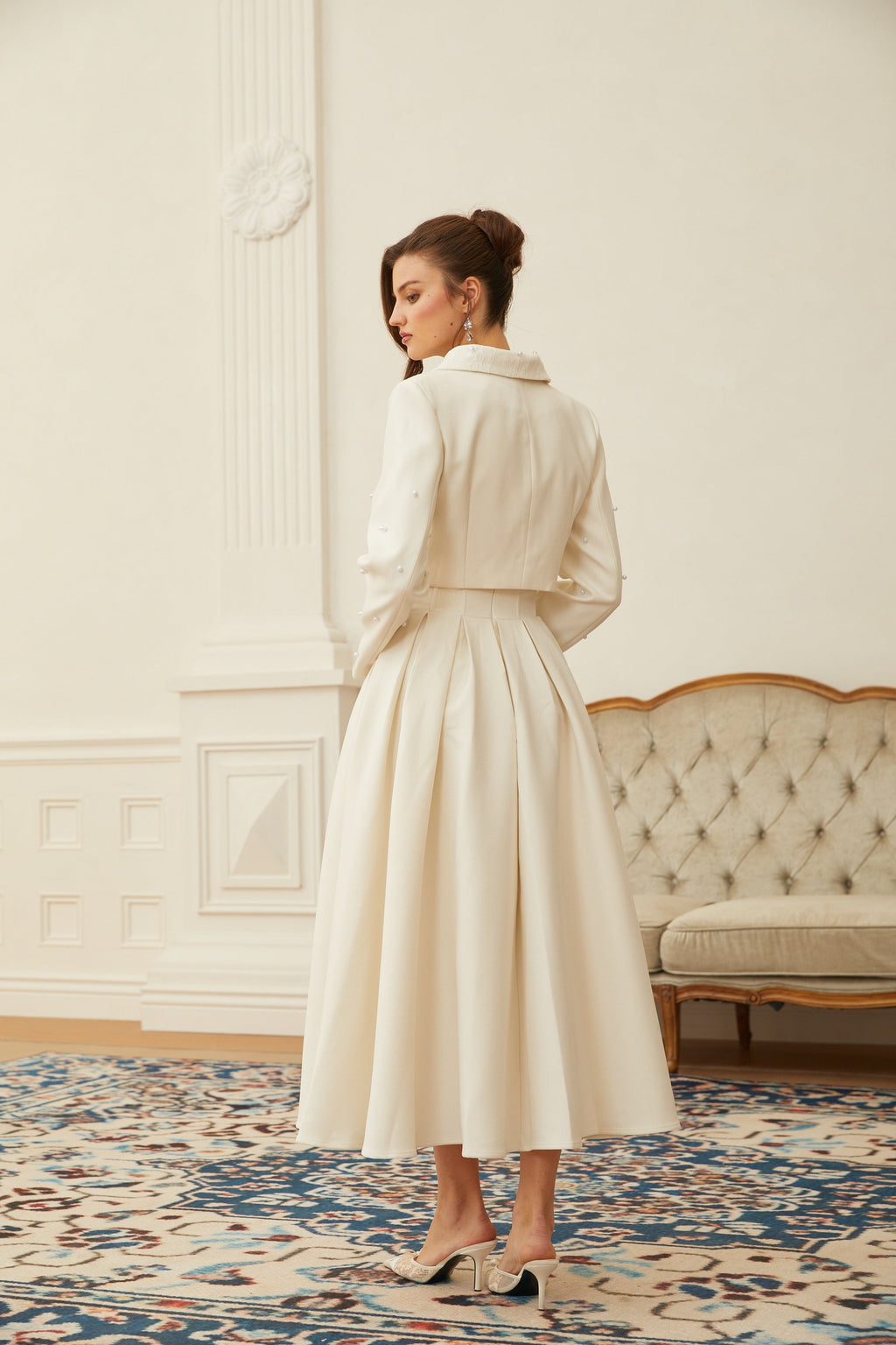 Faux Pearl Cropped Jacket and Pleated A-Line Skirt Two-Piece Set — side view