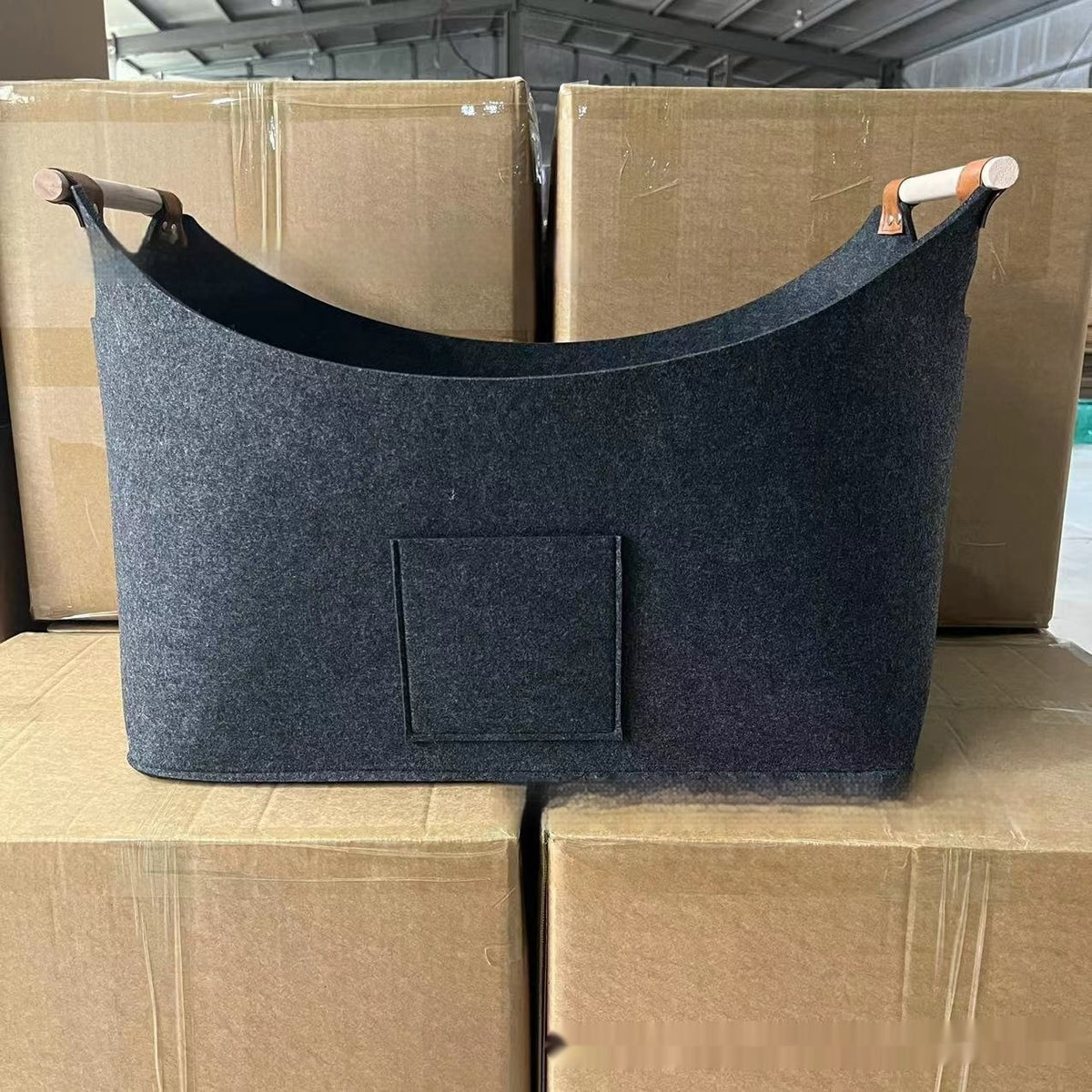 Felt Storage Basket with Wooden Handles and Leather Straps for Firewood - Image 1