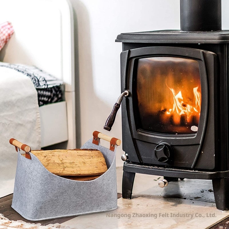 Felt Storage Basket with Wooden Handles and Leather Straps for Firewood - Image 3