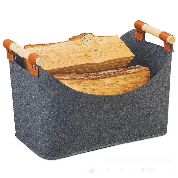 Felt Storage Basket with Wooden Handles and Leather Straps for Firewood - Image 4