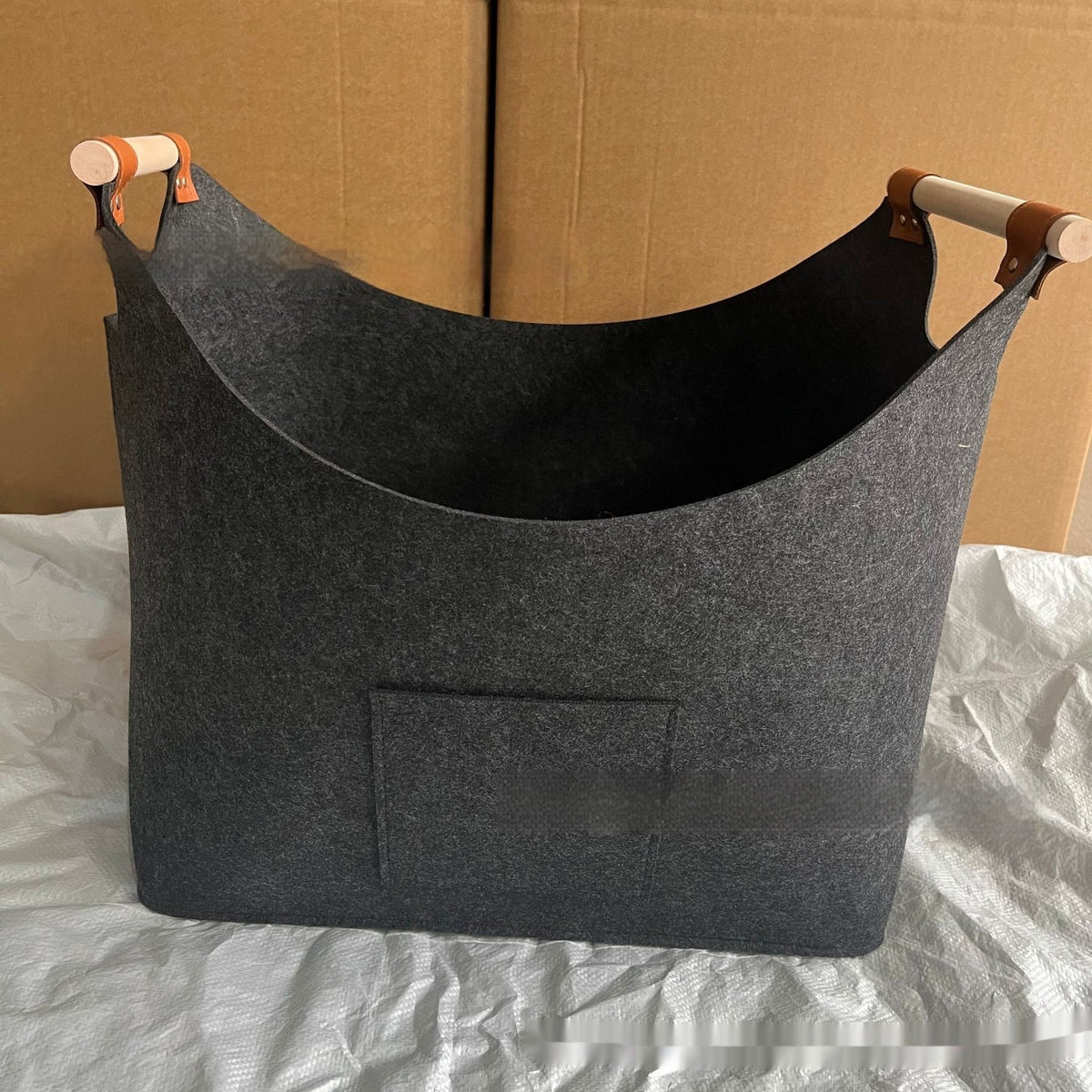 Felt Storage Basket with Wooden Handles and Leather Straps for Firewood - Image 6