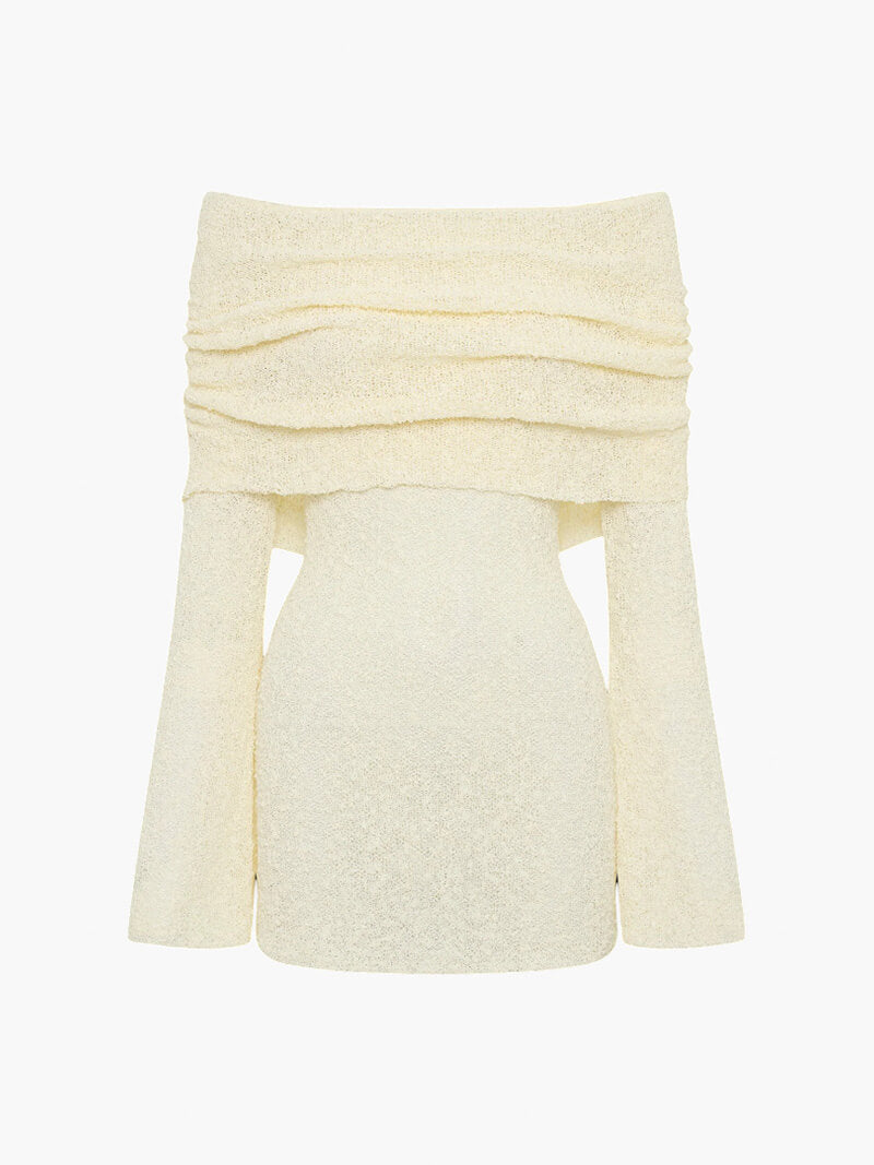 Fitted Knit Off Shoulder Long Sleeve Bouclé Mini Dress — fabric detail