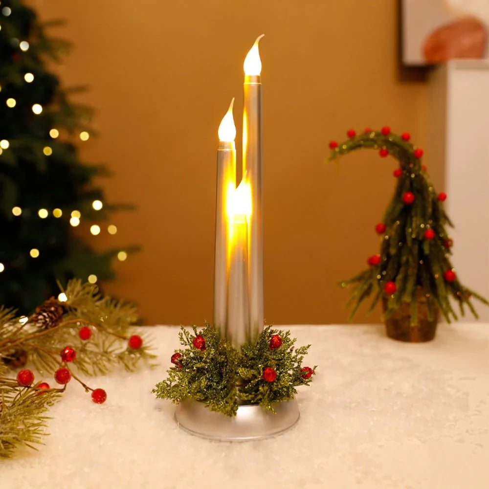 Flameless LED Candle Centerpiece with Battery Operated Taper and Holiday Greenery - Image 3