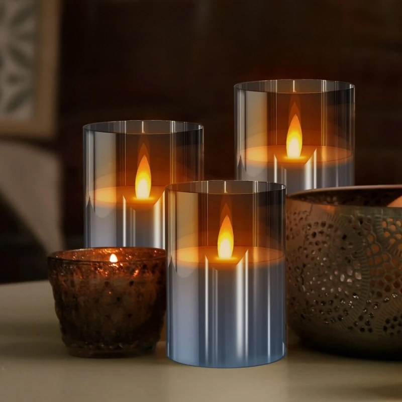 Flameless LED Candlesticks Battery Operated with Glass Holders Set of Three Pillar Candles - Image 1