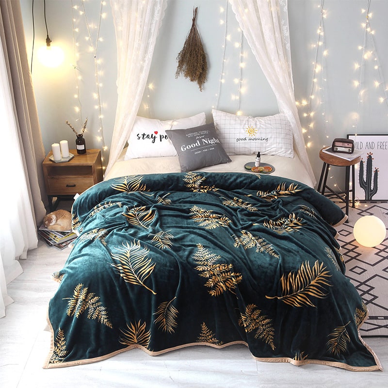 Fleece Throw Blanket with Botanical Leaf Pattern Plush Faux Fur for Sofa and Bed Size - Image 1