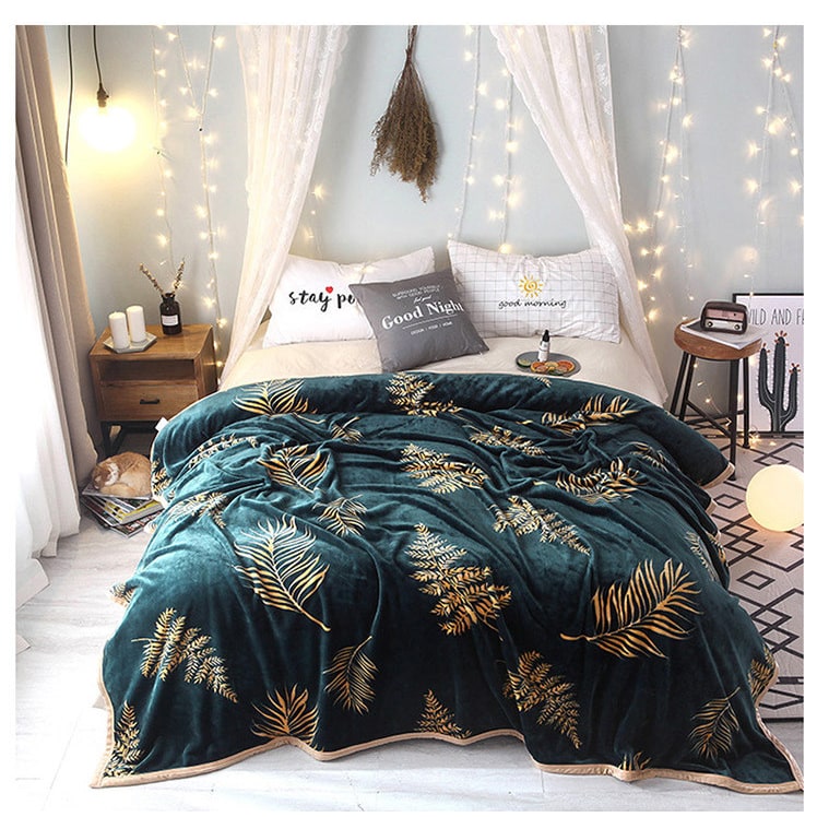 Fleece Throw Blanket with Botanical Leaf Pattern Plush Faux Fur for Sofa and Bed Size - Image 2