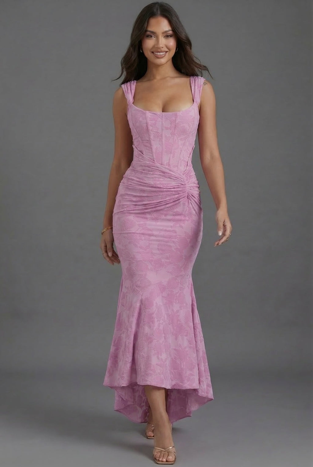 Floral Jacquard Corset Maxi Dress with Fishtail Hem — side view