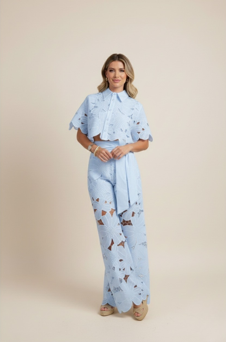 Floral Lace Cut Out Crop Top and Wide Leg Trousers Two-Piece Set — alternative angle
