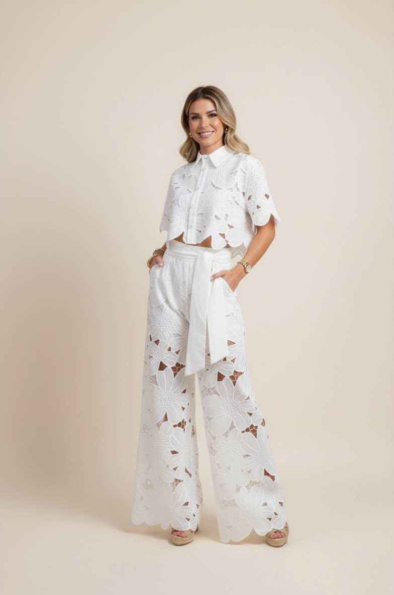 Floral Lace Cut Out Crop Top and Wide Leg Trousers Two-Piece Set — back view