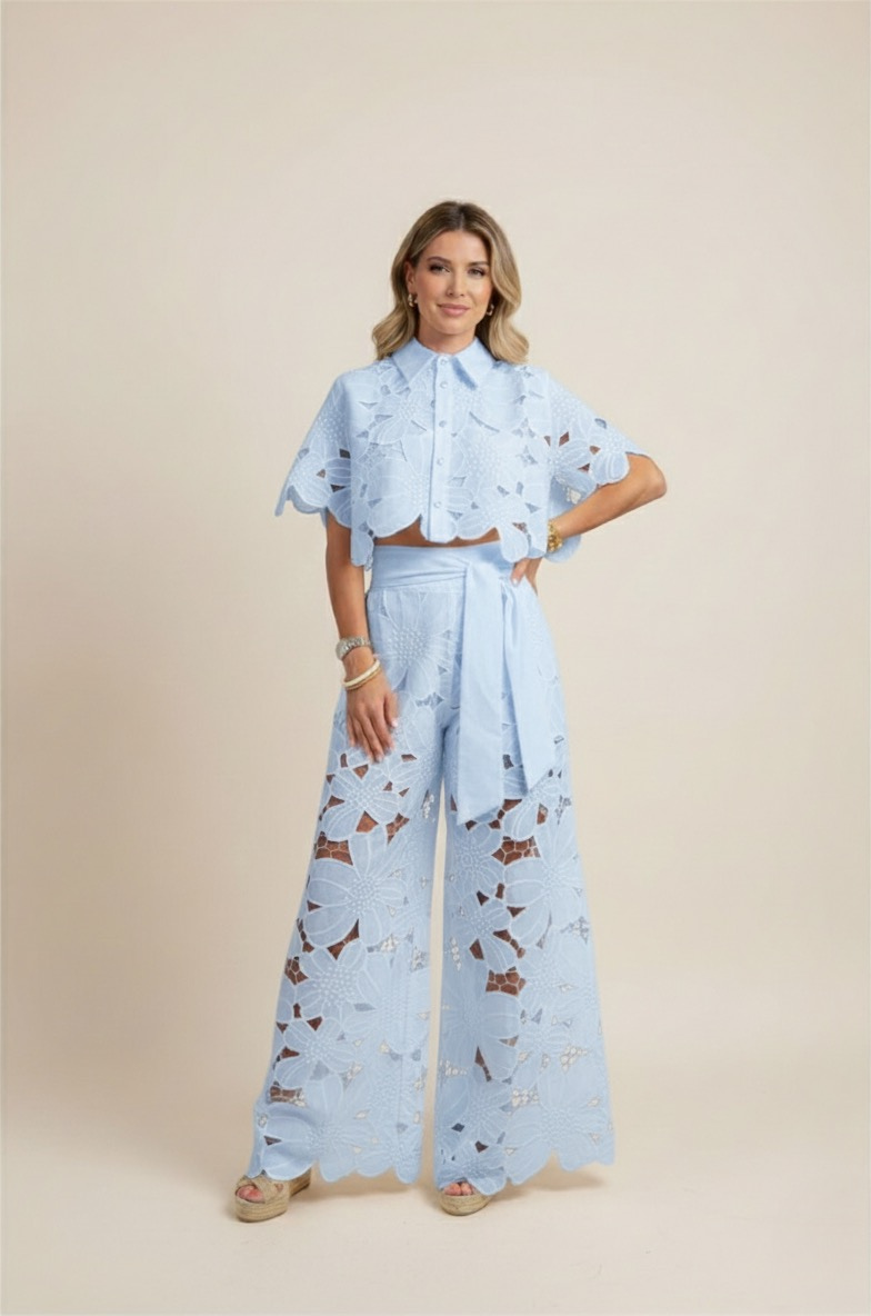 Floral Lace Cut Out Crop Top and Wide Leg Trousers Two-Piece Set — close-up