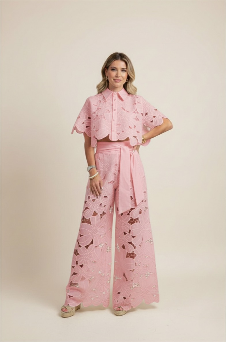 Floral Lace Cut Out Crop Top and Wide Leg Trousers Two-Piece Set — detail view