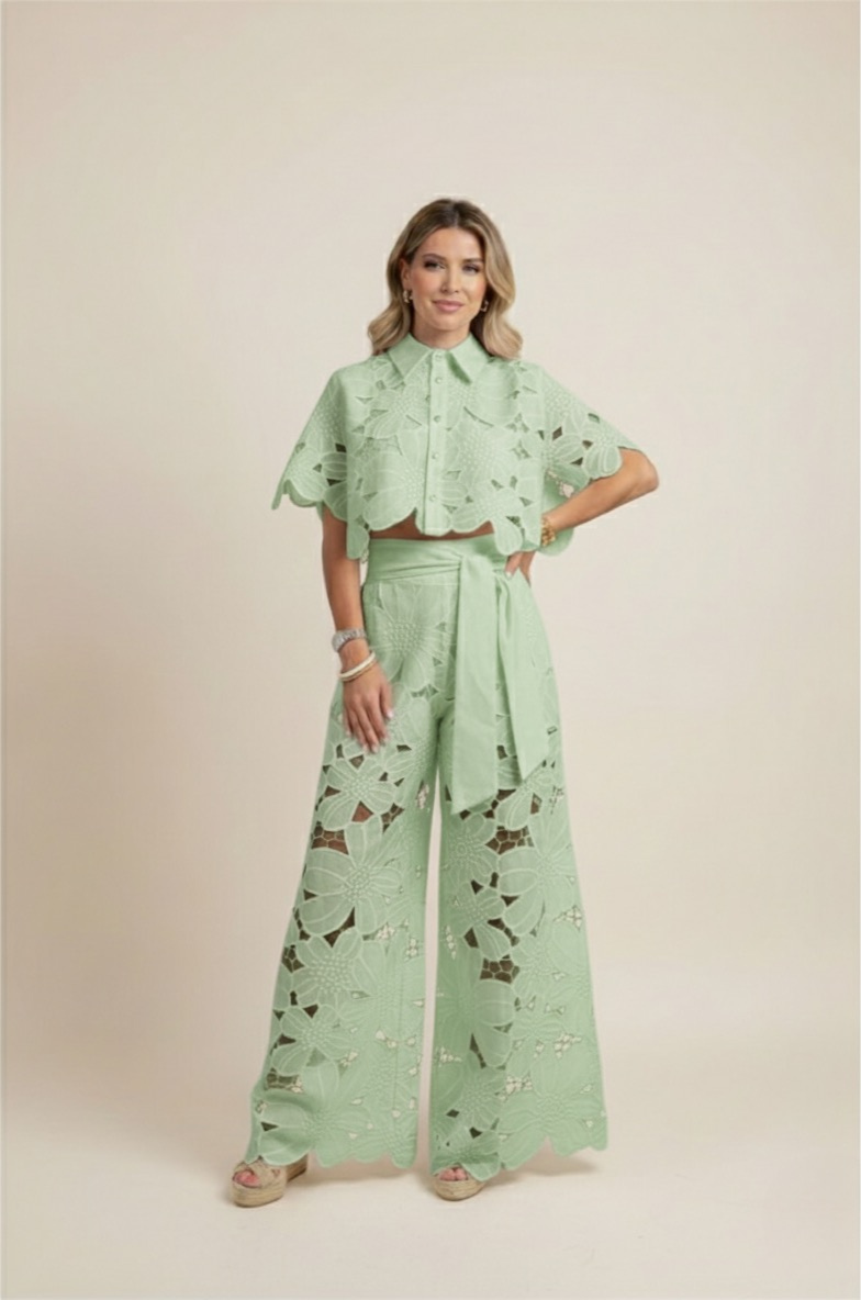 Floral Lace Cut Out Crop Top and Wide Leg Trousers Two-Piece Set — fabric detail